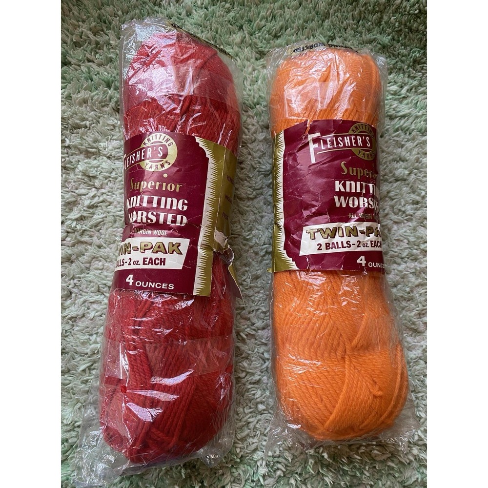 Fleisher's Superior Worsted Yarn 2 Skeins Each 4 Ply 100% Wool F200 Red Orange